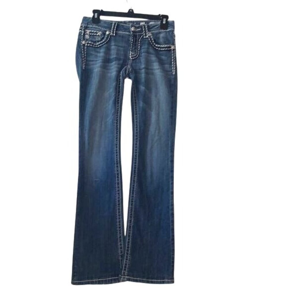 Miss Me Womens Bootcut Jeans Size 27 Distressed Blue Denim With White Stitching